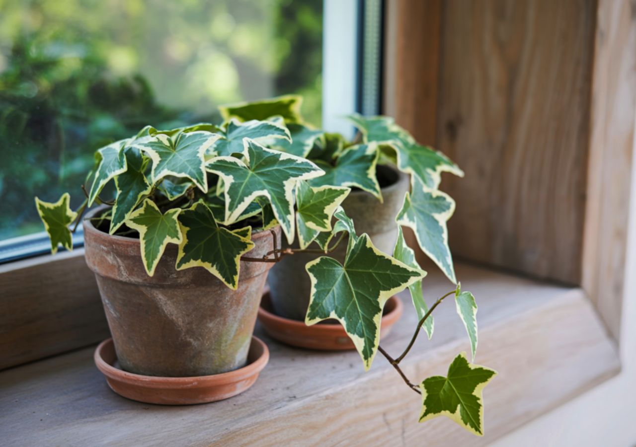 Bluszcz rosnący w doniczce, ustawiony na parapecie okna